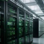 Server rack data center NVIDIA Vera Rubin dengan pencahayaan hijau ikonik untuk pemrosesan AI