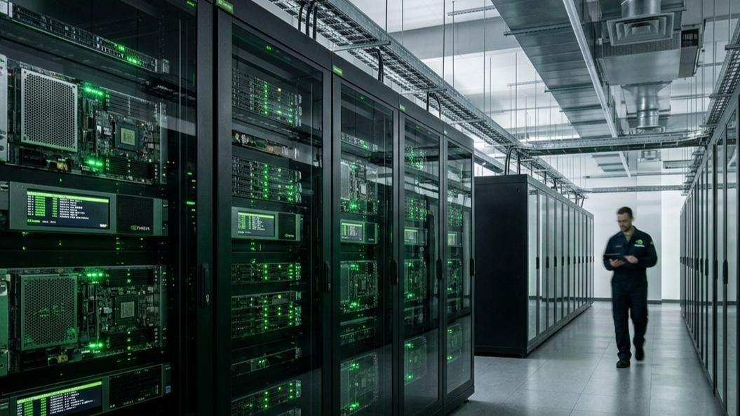 Server rack data center NVIDIA Vera Rubin dengan pencahayaan hijau ikonik untuk pemrosesan AI