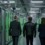 Interseksi jalur teknologi glowing yang menghubungkan logo NVIDIA, AWS, dan Google Cloud di pusat data masa depan