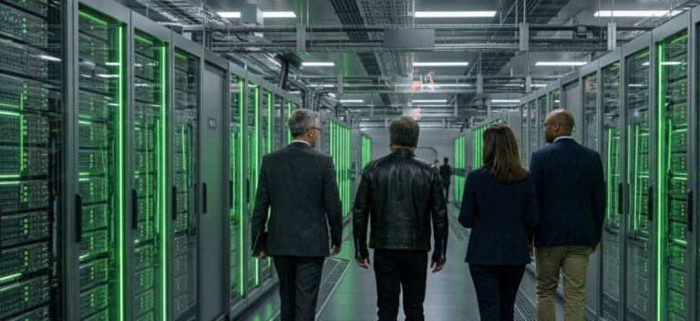 Interseksi jalur teknologi glowing yang menghubungkan logo NVIDIA, AWS, dan Google Cloud di pusat data masa depan