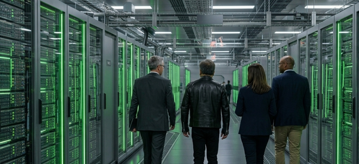 Interseksi jalur teknologi glowing yang menghubungkan logo NVIDIA, AWS, dan Google Cloud di pusat data masa depan