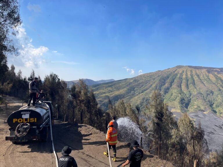 Titik Masih Berasap, BPBD dan Polisi Lakukan Pendinginan di Bromo Hillside
