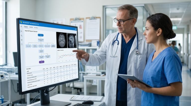 Dokter menggunakan AI diagnostik Microsoft untuk menganalisis data kesehatan pasien secara bertahap di ruang pemeriksaan.