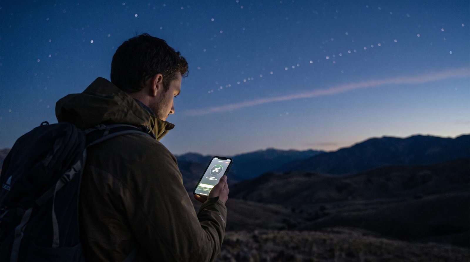 Pria di puncak gunung menggunakan ponsel pintar yang terhubung ke jaringan internet Starlink operator seluler di bawah langit malam.