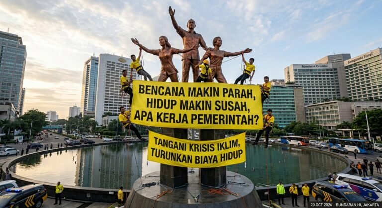 Aktivis Greenpeace Indonesia membentangkan spanduk protes krisis iklim di Patung Selamat Datang Bundaran HI Jakarta
