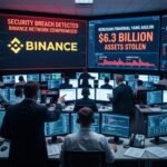 Suasana pusat komando keamanan siber yang menampilkan layar peringatan peretasan jaringan Binance dengan kerugian 6,3 miliar dolar dalam kasus pencurian kripto terbesar.