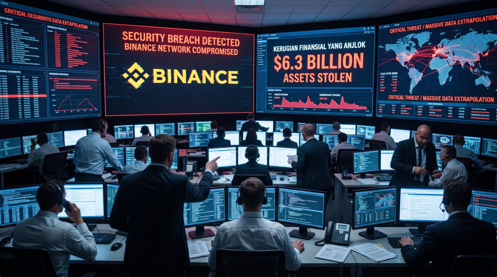 Suasana pusat komando keamanan siber yang menampilkan layar peringatan peretasan jaringan Binance dengan kerugian 6,3 miliar dolar dalam kasus pencurian kripto terbesar.
