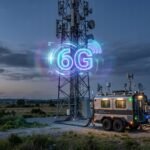 Ilustrasi menara telekomunikasi dan fasilitas pengujian jaringan 6G di luar ruangan oleh Verizon dan Ericsson.