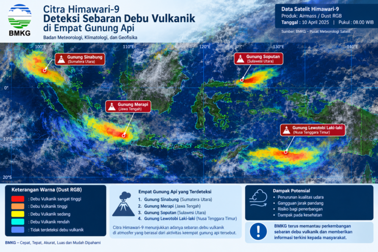 Analisis citra Himawari-9 menunjukkan sebaran debu vulkanik dari empat gunung api pada 18 Oktober 2026.