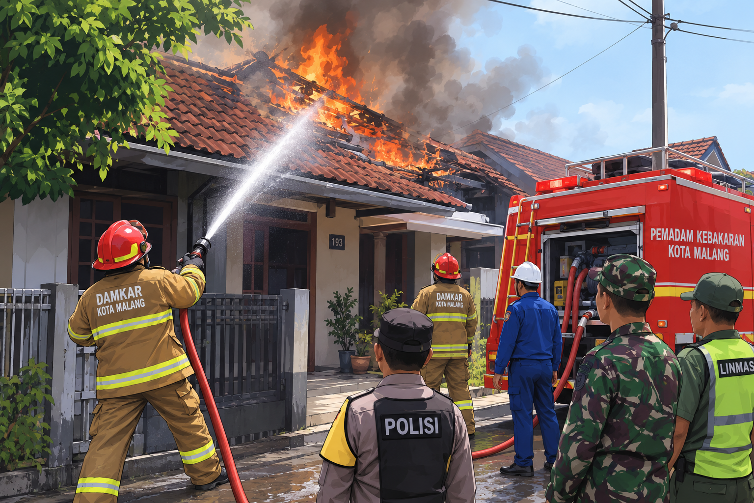 Ilustrasi kebakaran rumah di Bareng Kota Malang yang diduga akibat korsleting listrik pada Kamis (22/10/2026)