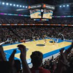 Suasana arena pertandingan basket indoor dipenuhi penonton dan penonton bersorak pada pembukaan musim NBA 2026-2027.
