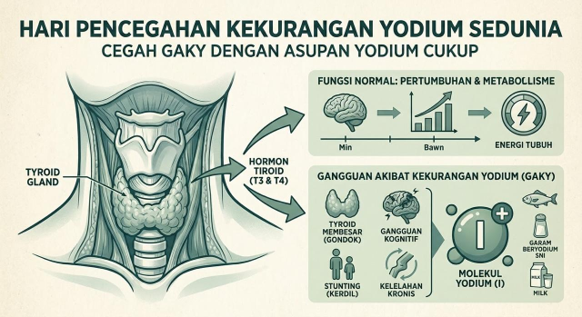 Ilustrasi medis kelenjar tiroid dan dampak kekurangan yodium (GAKY) serta sumber makanan beryodium.