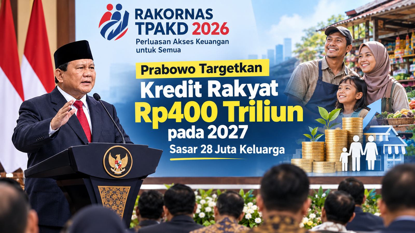 Presiden Prabowo Subianto saat Rakornas TPAKD 2026 membahas perluasan akses keuangan dan target kredit rakyat 2027.