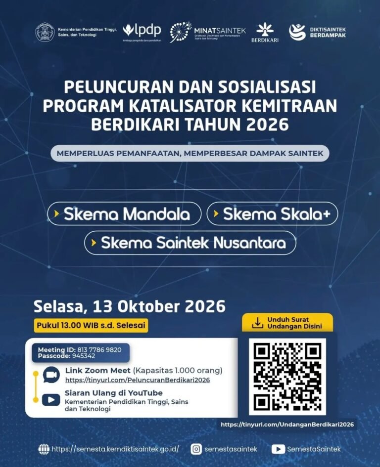 Program Katalisator Kemitraan Berdikari 2026 dengan tiga skema riset MANDALA, SKALA+, dan SAINTEK NUSANTARA.